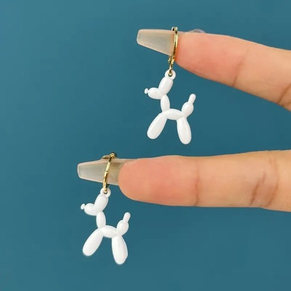 Balloon Dog Earrings Poodle Puppy Fun Whimsical Dangle Circus Clown Party White - Picture 1 of 2